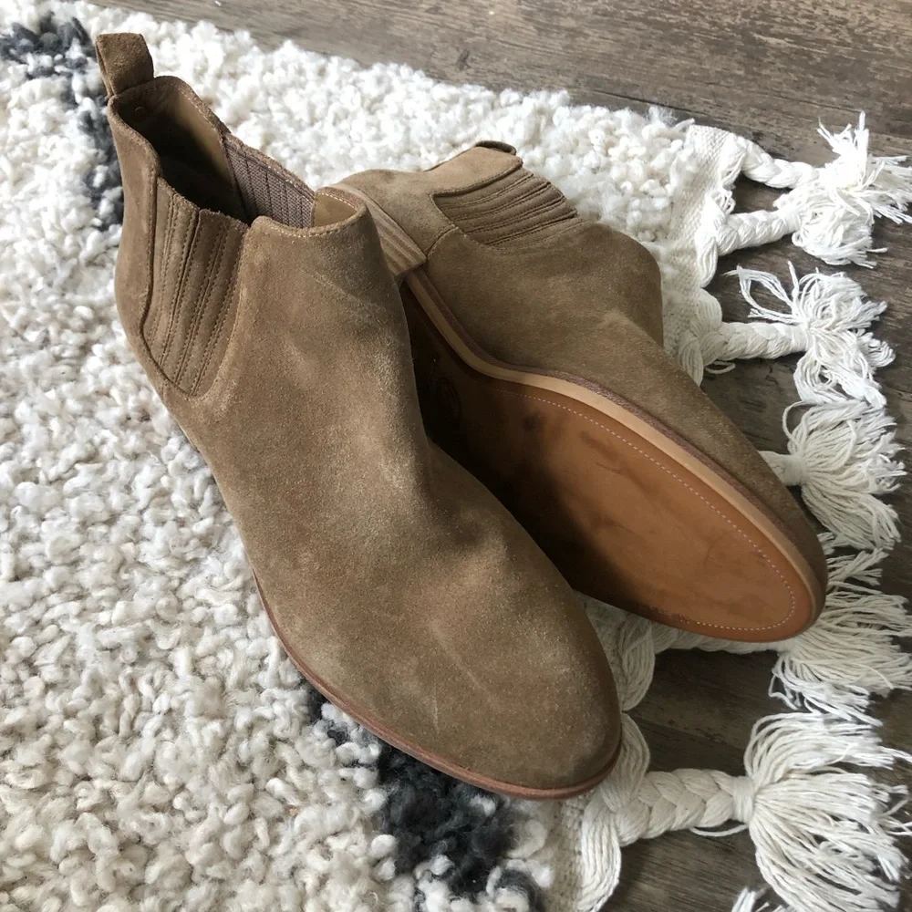 Michael Kors Shaw Suede Ankle Boots tan khaki taupe leather low block heel 7